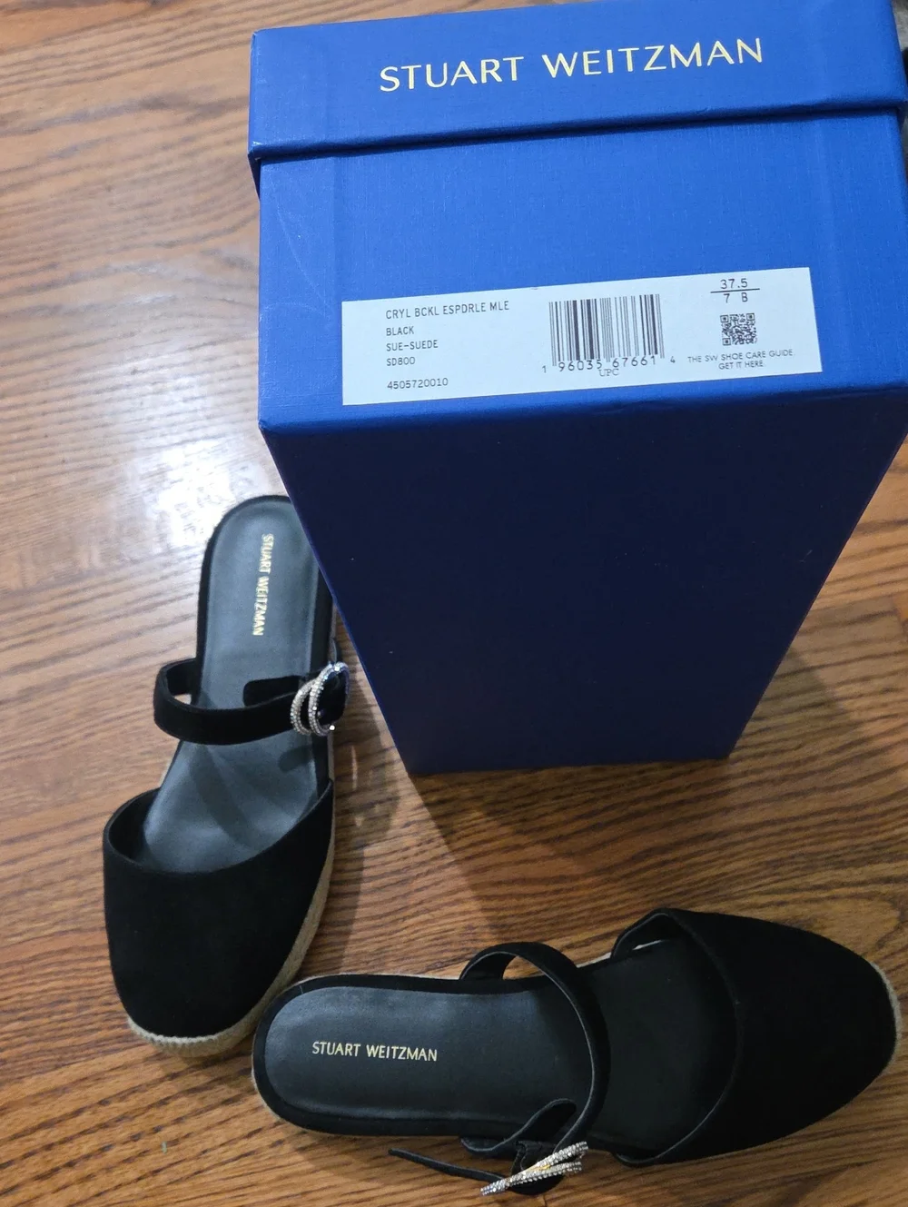 Stuart Weitzman Black Suede Crystal Buckle Espadrille Mule